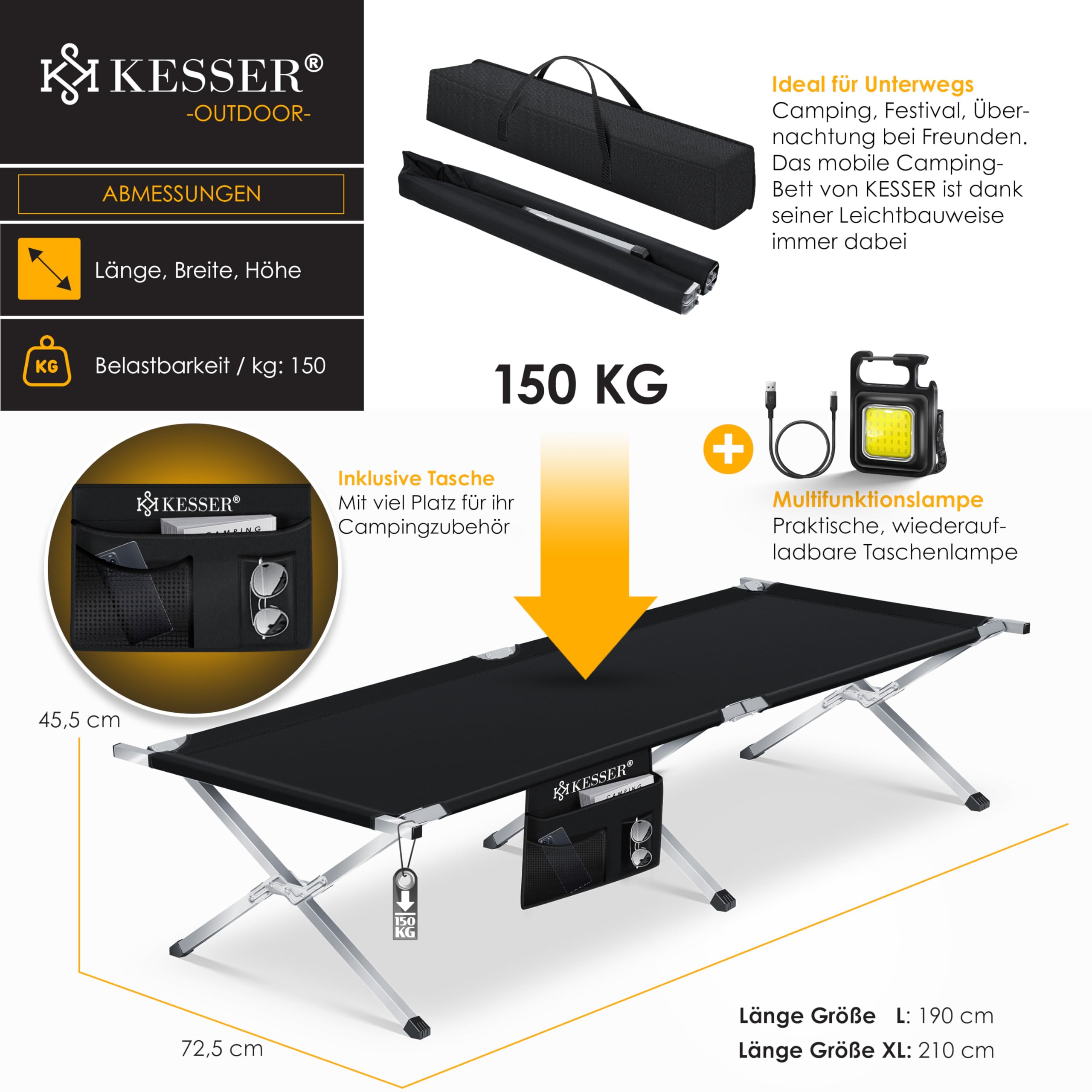 KESSER® Lit de Camping Pliant avec Sac de Transport et Poche latérale 210 x 73 x 45 cm Charge maximale 150 kg Tube métallique 600D Tissu Oxford Portable Chaise Longue de Voyage Confortable avec Sac