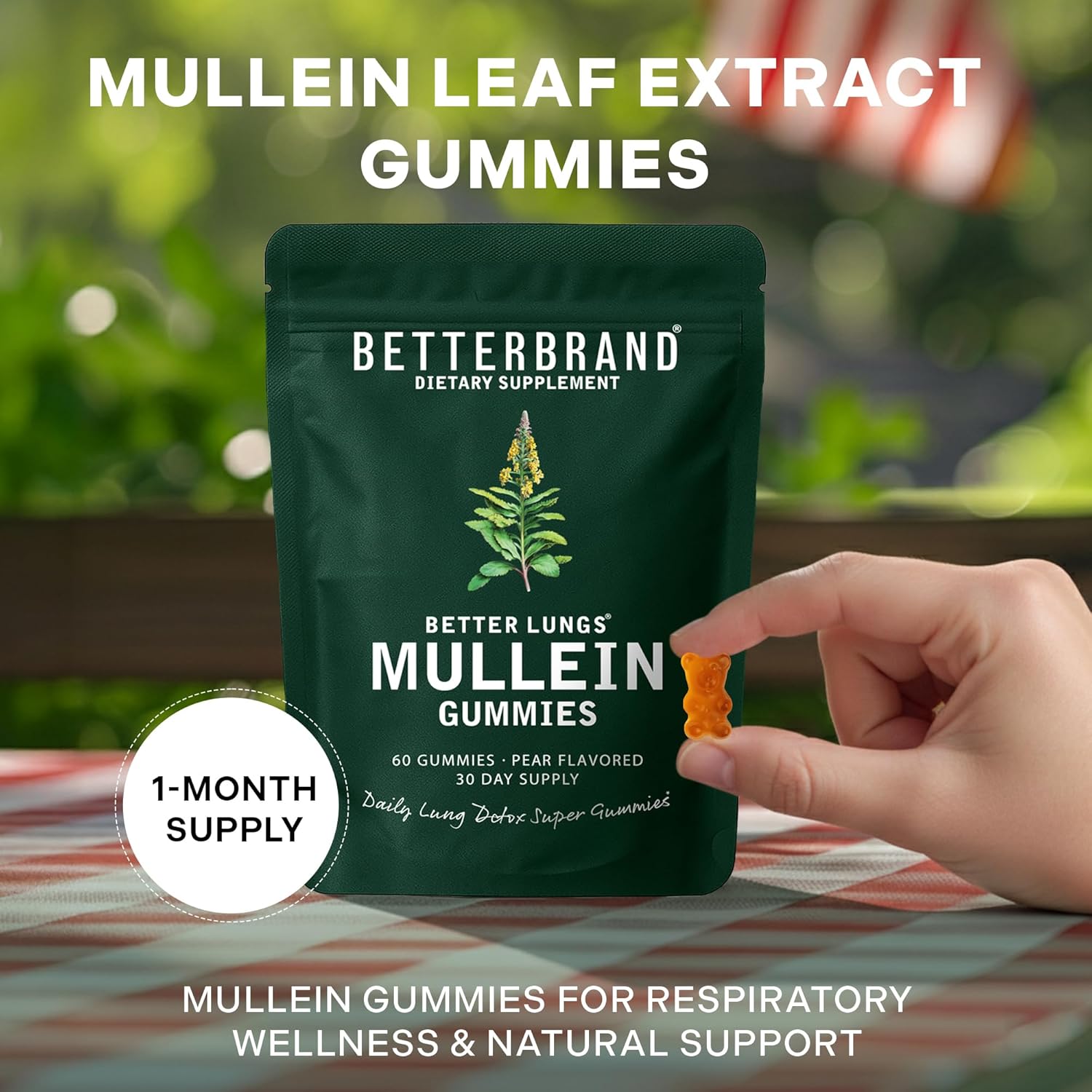Betterbrand Mullein Chewable Gummies for Lung Cleanse and Detox, Respiratory Health Supplement, 1000mg Mullein Extract per Serving, 60 Gummies - 30 Day Supply - Pear Flavored - Image 3