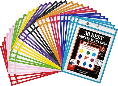 Paquete de 30 tamaño de 10 x 139 pulgadas fundas de bolsillo reutilizables de borrado en seco protector de hojas de plástico con anillo de metal