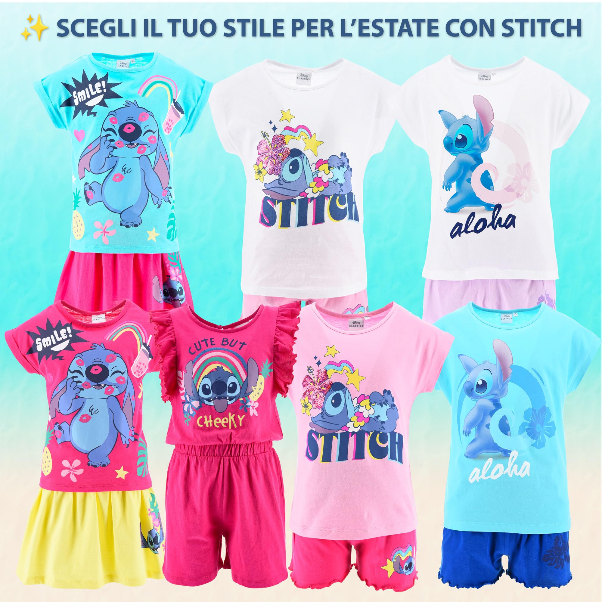 Disney Stitch Completo Estivo Bambina T-Shirt e Pantaloncino o Gonna Tutina Cotone 100% Set Abbigliamento Bambina Estate 3 4 6 8 Anni