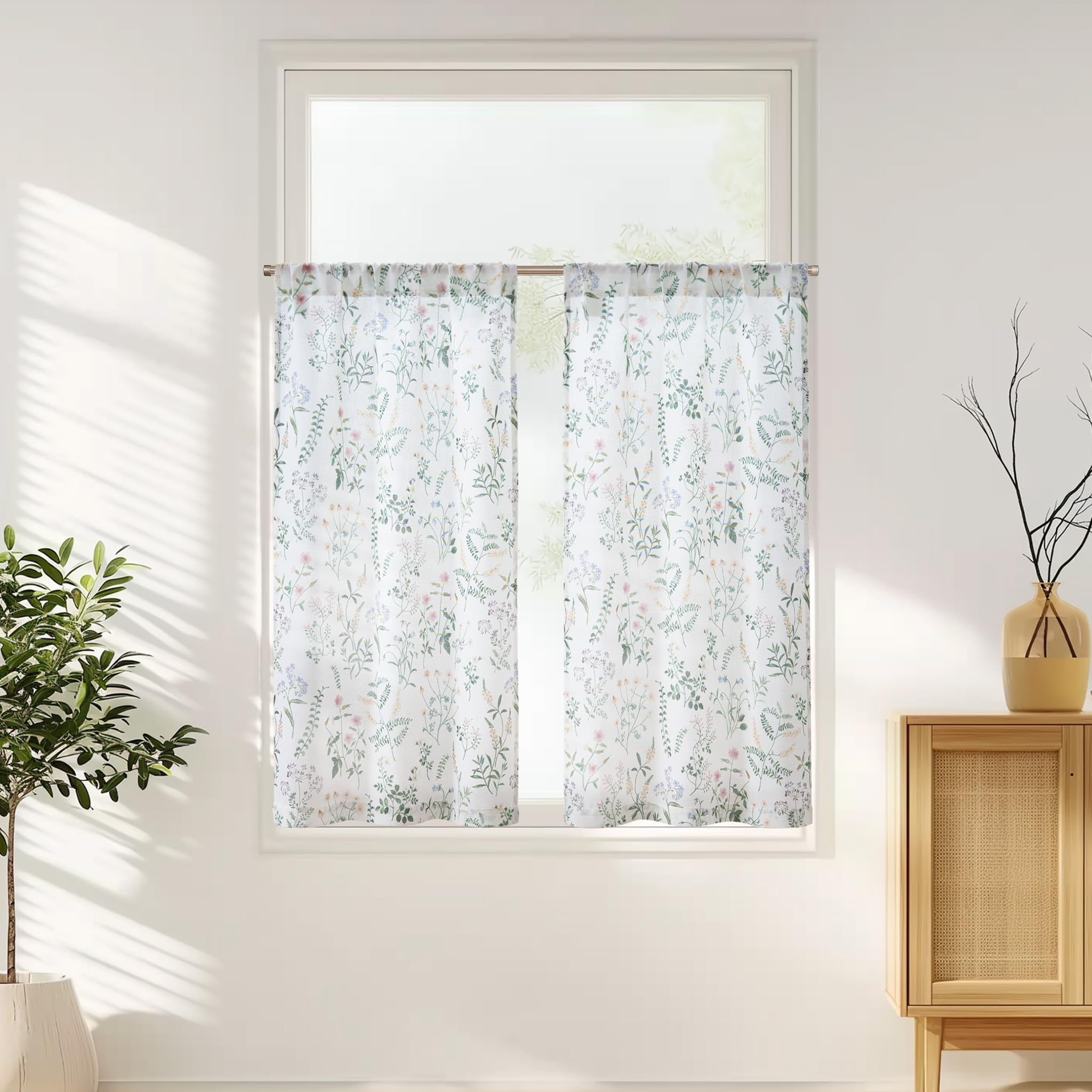 Photo 1 of JINCHAN Spring Floral Kitchen Curtains Over Sink Farmhouse Linen Tier Curtains 45 Inch Length Cafe for Living Room Bathroom Botanical Small Drapes Rustic Light Filtering Rod Pocket 2 Panels Sage Green
