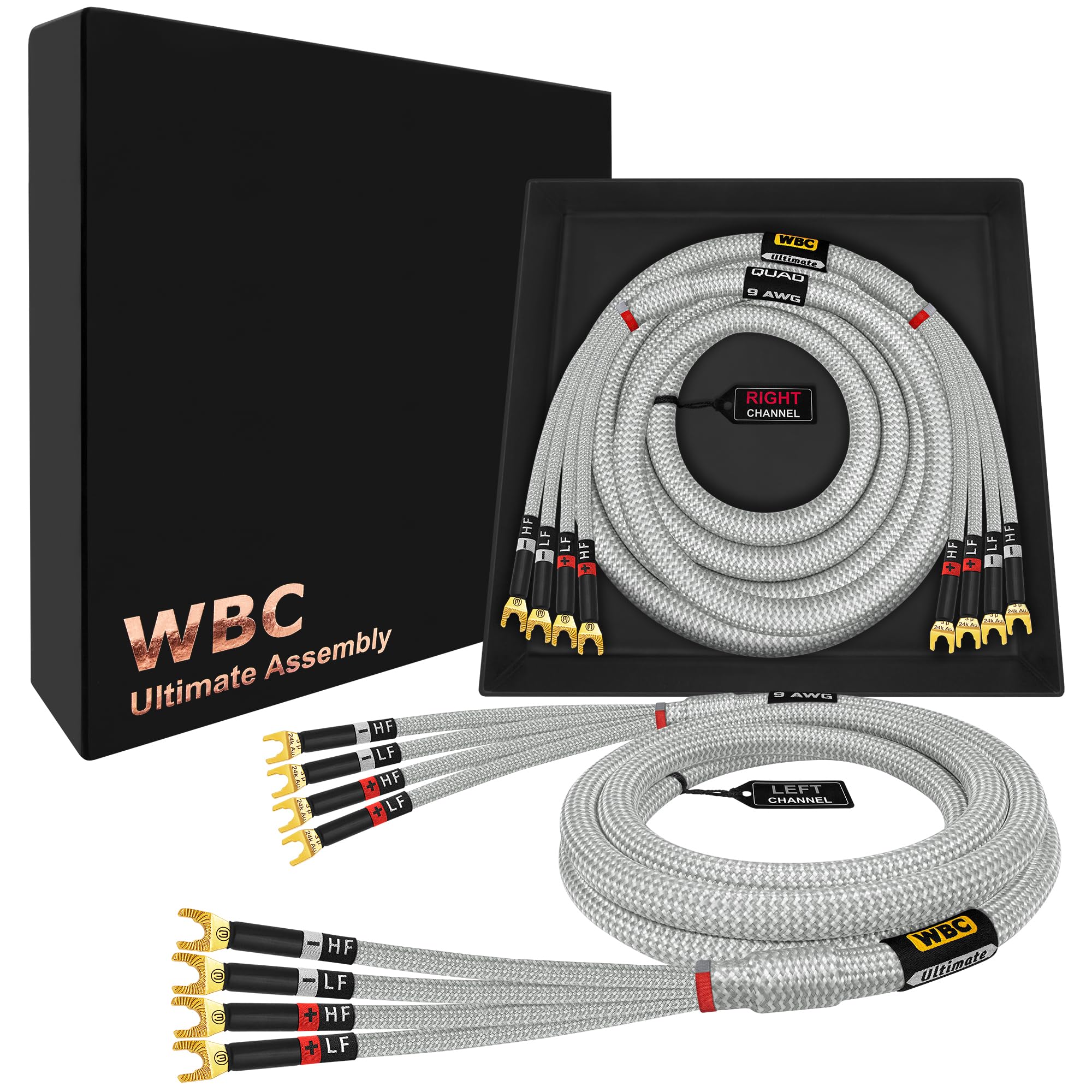 WORLDS BEST CABLES 10 Foot Ultimate - 9 AWG - Ultra-Pure OFC – Extra Premium Audiophile HiFi Bi-Amp Speaker Cable Pair with Eminence Spade Plugs & Silver Tweed Jacket