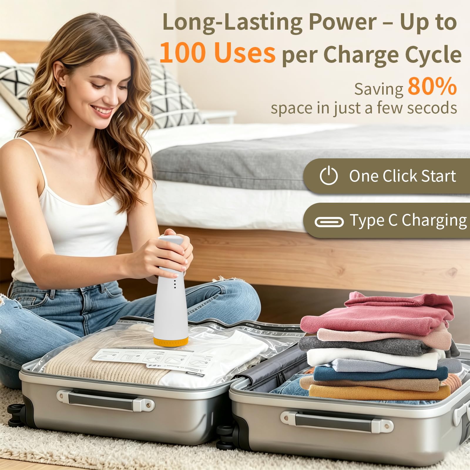 Bolsas de almacenamiento al vacío con bomba eléctrica, bolsas de sellado al vacío recargables para ropa, bolsas portátiles ahorradoras de espacio para viajes y almacenamiento en el hogar, incluye 15