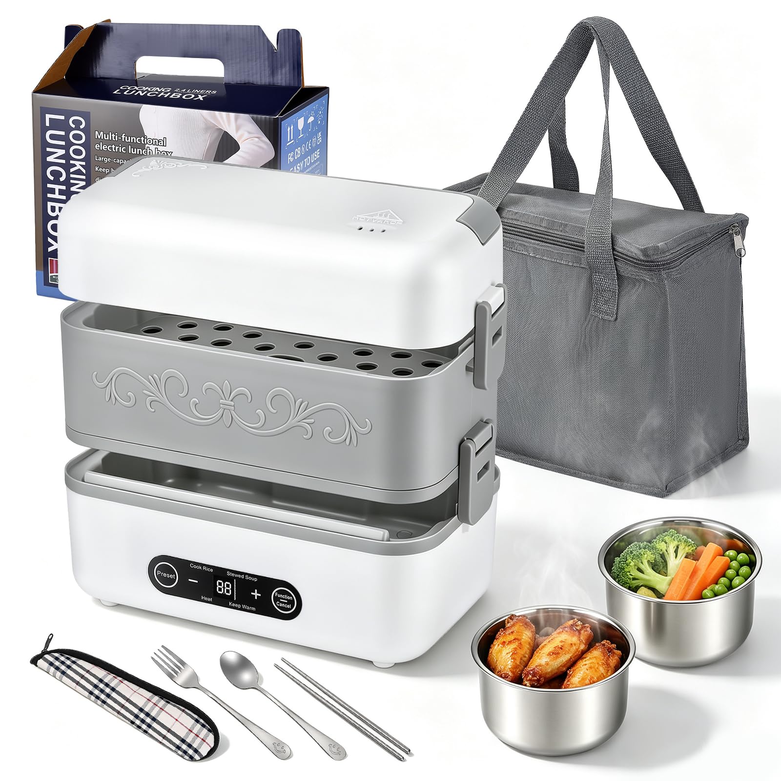 Contenitore per il pranzo elettrico per adulti, portatile, senza fili, riscaldato da 2,4 l, contenitore interno rimovibile in acciaio inox, display digitale, per ufficio, viaggi, cantieri, scuola