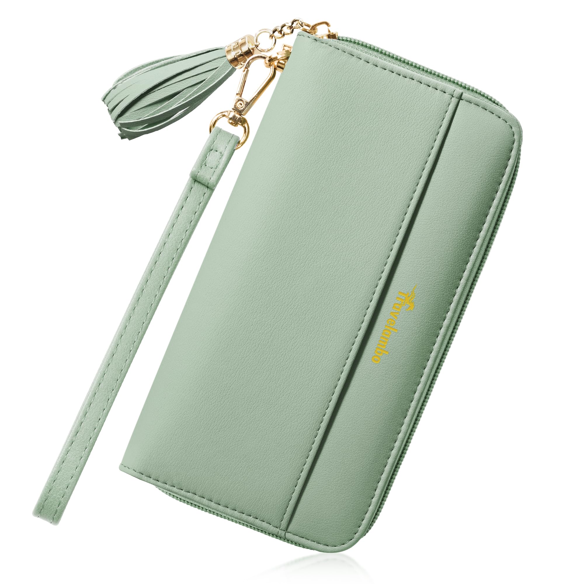 Travelambo Womens Wallet Tassel Bifold Ladies Cluth Wristlet Wrist strap Long Purse (Access Green Blooming)