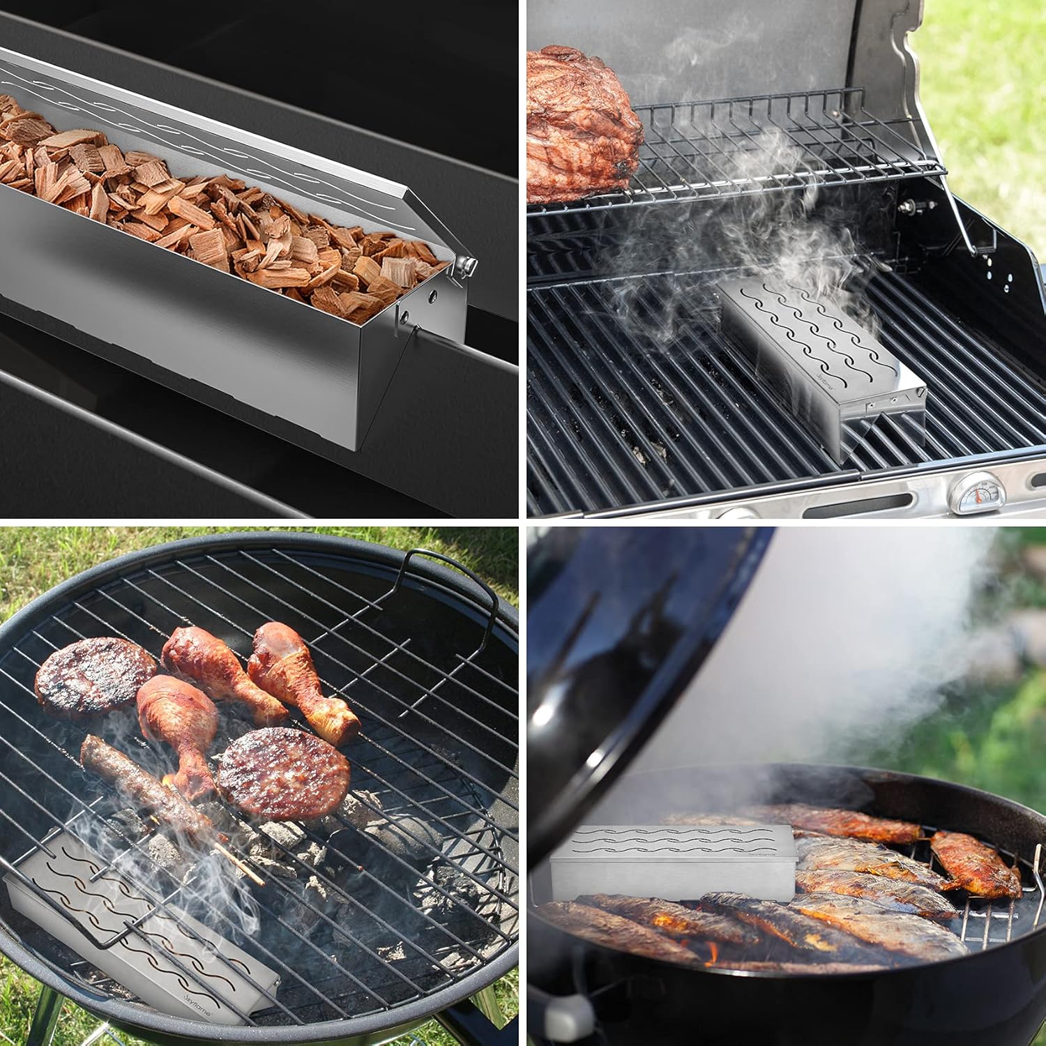 Skyflame Stainless Steel BBQ Smoker Box for Wood/Smoking Chips - Universal Smoky Flavor Grill Accessories Fit for Gas/Charcoal Grilling, W-Shape : Patio, Lawn & Garden
