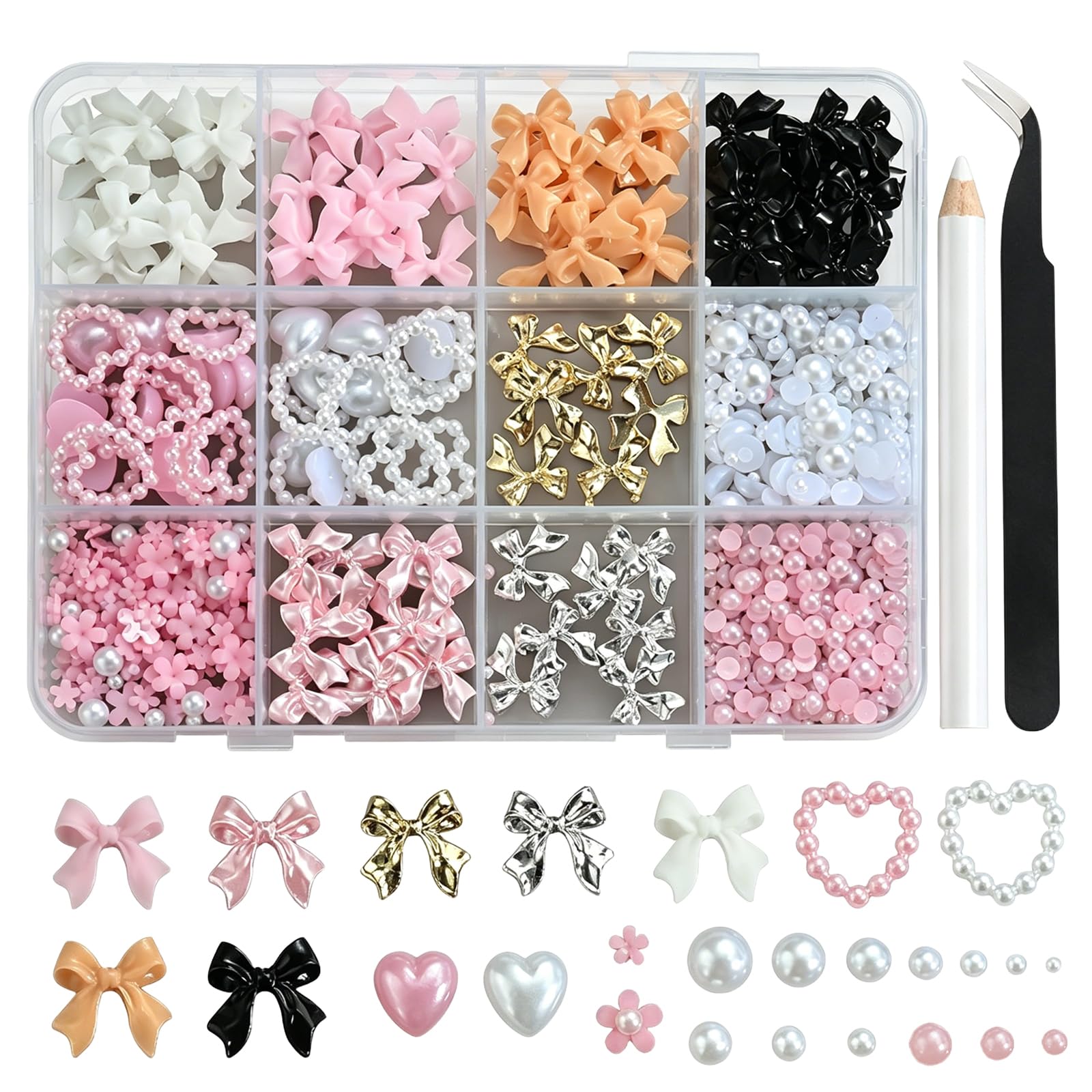1 boîte de pendentifs pour ongles avec nœud blanc, rose, noir, nœud 3D, mignon, dos plat, nœud papillon, deco ongle nail art, strass pour ongles, loisirs créatifs