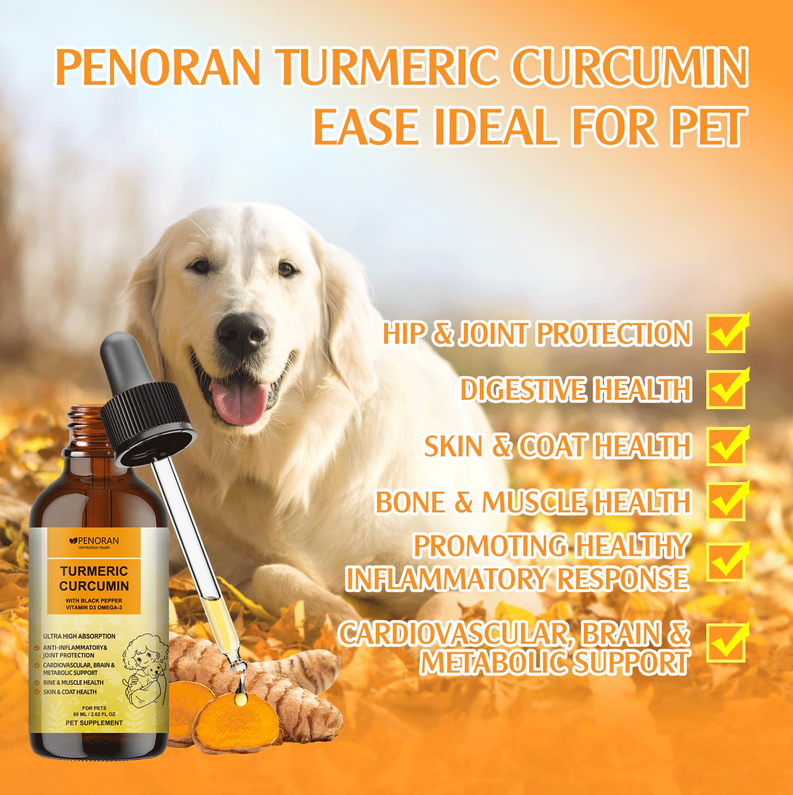 Gotas de curcumina y cúrcuma para Perros Mayores y Trabajadores: Movilidad y flexibilidad Articular, recuperación del Dolor, digestivo, Cerebro, hígado, Hueso, músculo, Piel, Pelaje - Mejor absorción