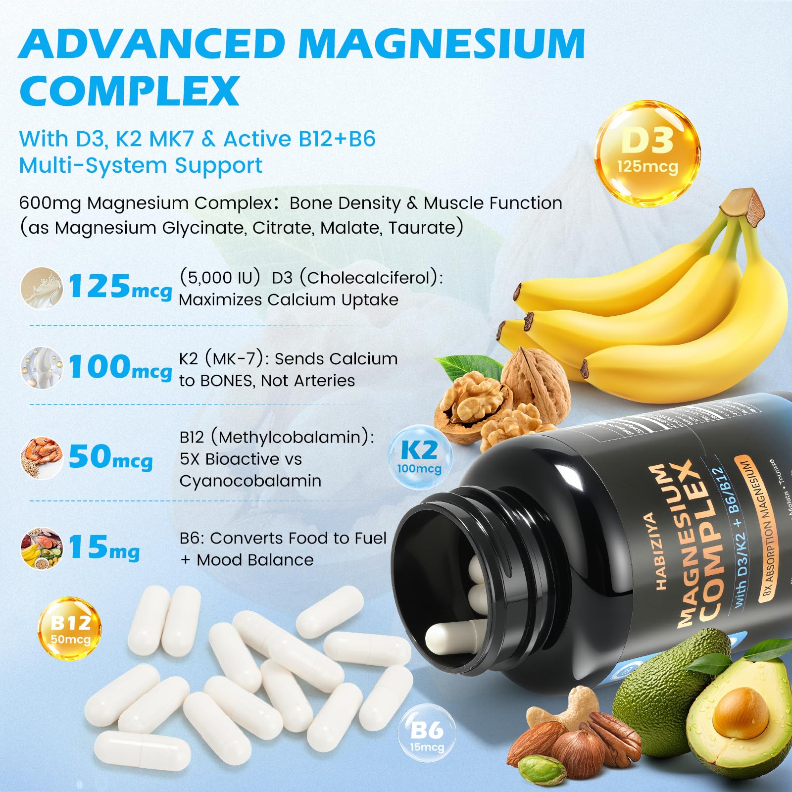 Magnesium Complex Supplement 600mg with with D3 K2 MK7 & B Vitamins High Absorption Capsules with Glycinate, Citrate & Malate,Taurate Relaxation,Muscle,Heart Support, Vegan 120 Capsules — Amazon image 2