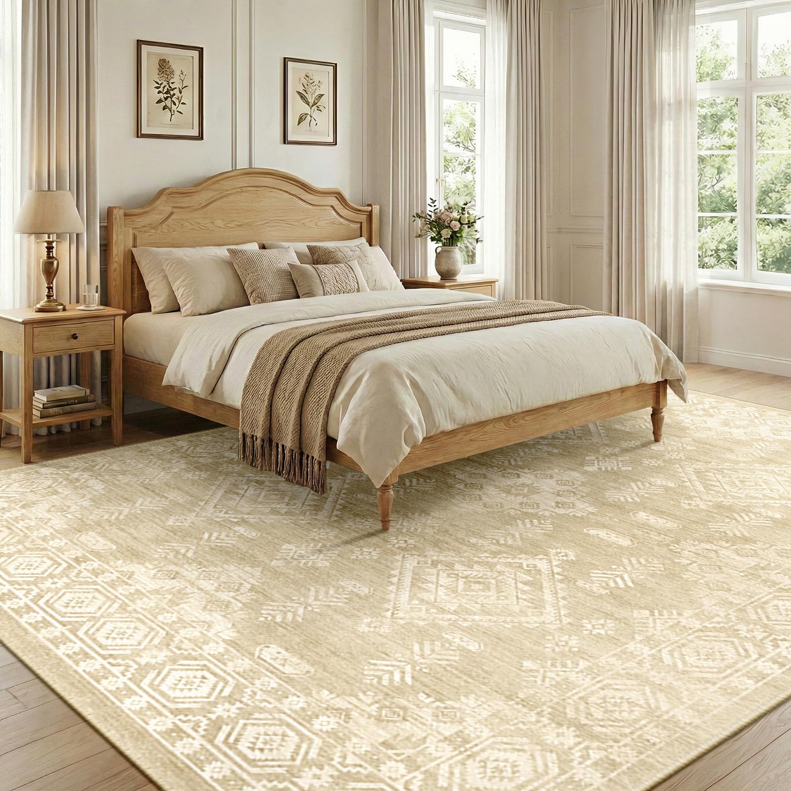 DEFYNEE Machine Washable Large Rugs Living Room 240x300cm, Soft Short Pile, Non-Slip Vintage Rugs for Bedroom, Moroccan Rug for Dining Room, Hallway, Beige