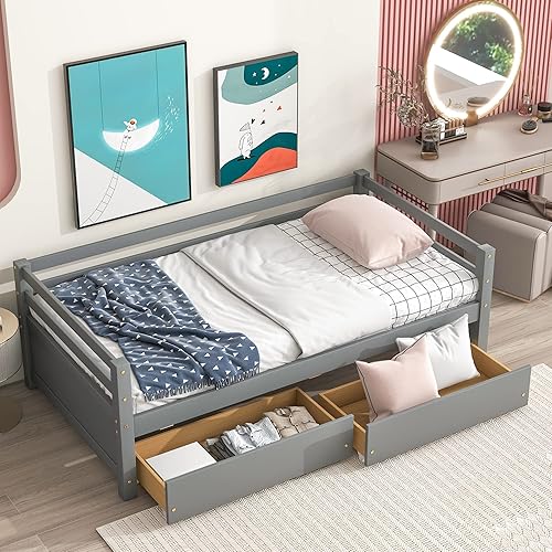 Oudiec Sofá cama de tamaño individual con 2 cajones de almacenamiento, plataforma de almacenamiento de madera para dormitorio de