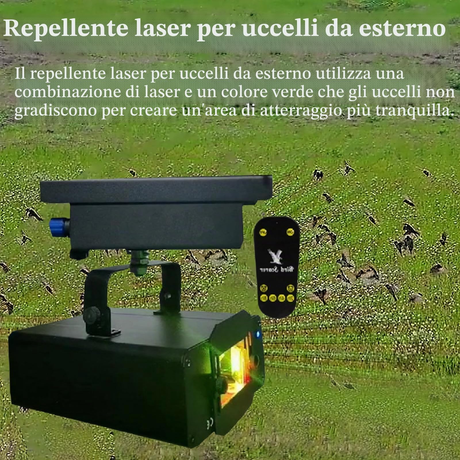 Dissuasore Laser per Uccelli da Esterno, Scaccia-Uccelli Agricolo con Rotazione di 120°, Dispositivi Anti-Uccelli Impermeabili, con Telecomando a Timer a Radiofrequenza