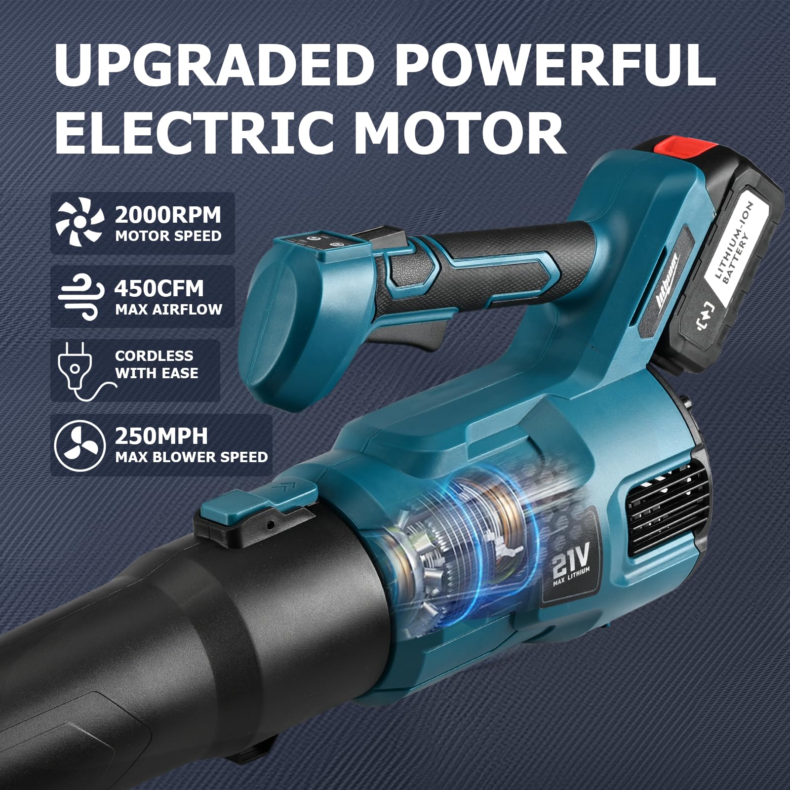Soffiatore Per Foglie Senza Fili 21V - 2 Batterie, 3 Ugelli, 2000 Giri/min Per Giardino E Neve
