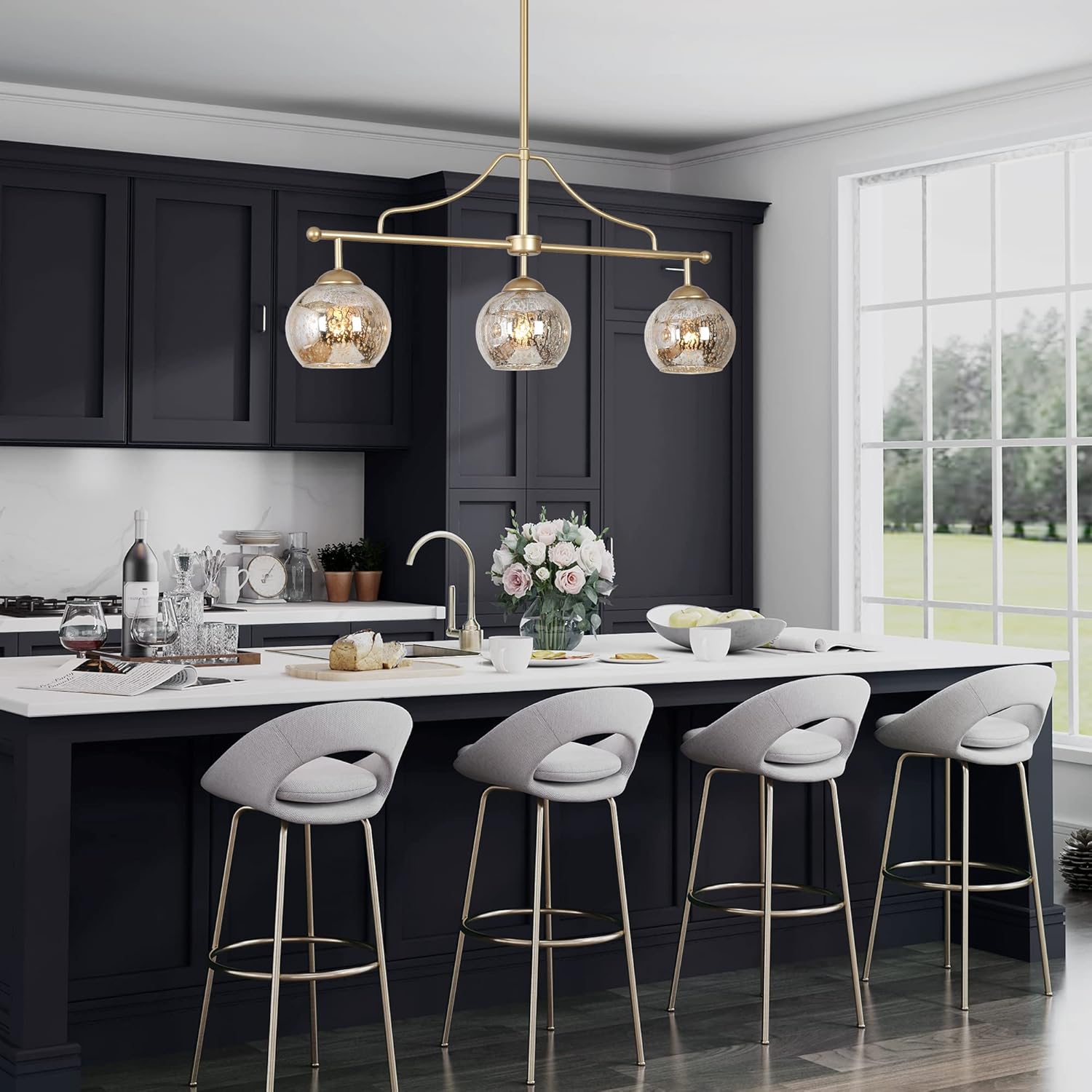 ZEVNI Gold Chandelier for Dining Room, Modern 3-Light Metal Chandelier for Kitchen Island with Mercury Glass Globes, 28.5" L