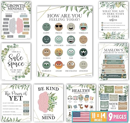 Hadley Designs 9 pósteres de salud mental para el aula, 11 x 14 pulgadas, decoración de oficina de consejero escolar, póster de mentalidad de poder