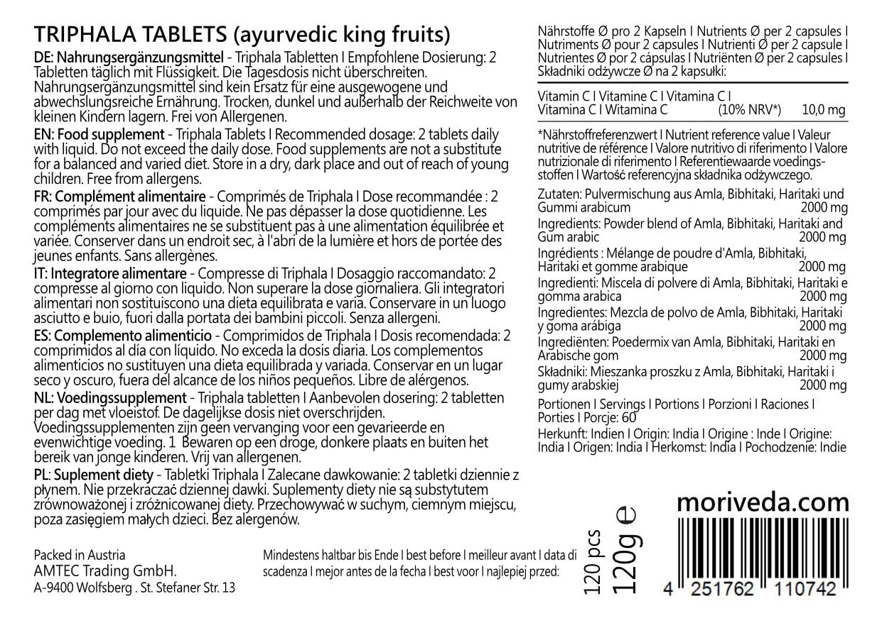 MoriVeda Triphala compresse 1000 mg, miscela ayurvedica di tre frutti composta da amla, haritaki e bibhitak, integratore vegetale vegano, 3x 120 compresse