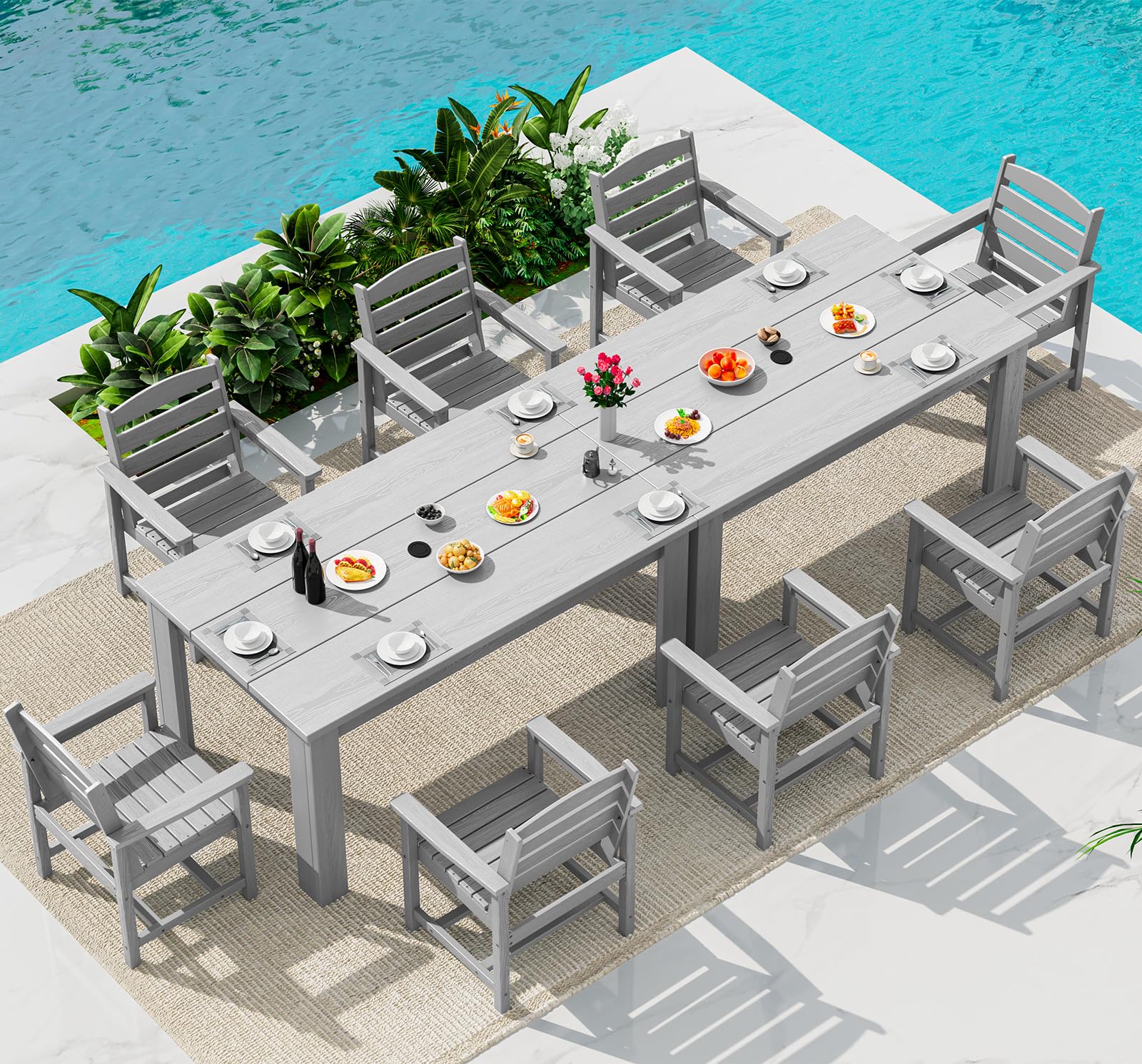 SERWALL 59" Outdoor Dining Set for 8, Light Gray