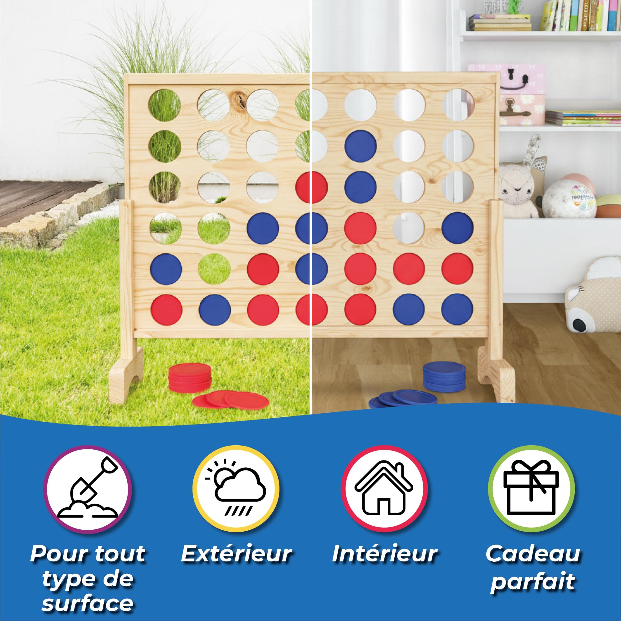 Toyfel Puissance 4 XXL Jeu de Societe Nature – Puissance 4 Geant en Bois certifié FSC® – Jeu Exterieur & Interieur – Jeu de stratégie pour Adultes & Enfants à partir de 4 Ans - Ace