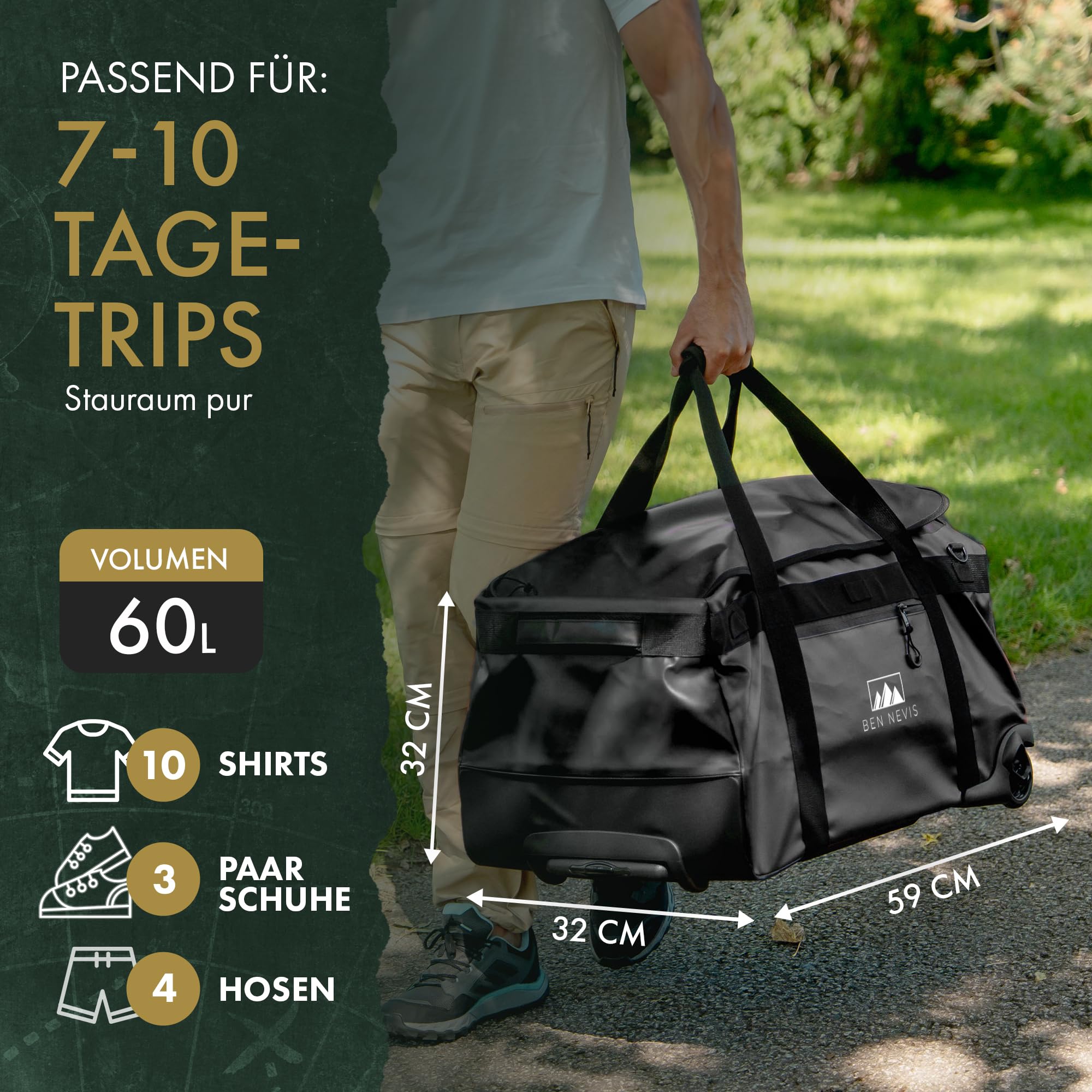 BEN NEVIS Reisetasche mit Rollen – 3in1 Tasche Trolley & Rucksack [60L Groß] Travel Bag Reisekoffer Duffle Bag Sporttasche Rollen Reisetaschen Koffer | Luggage | Reisetasche Damen & Herren