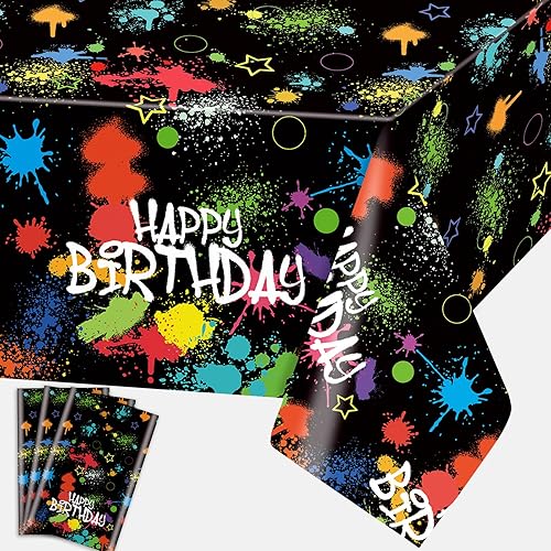 Domgoge Manteles brillantes para decoración de fiesta de cumpleaños, fundas de mesa de plástico neón rectangulares, con graffiti negro, suministros