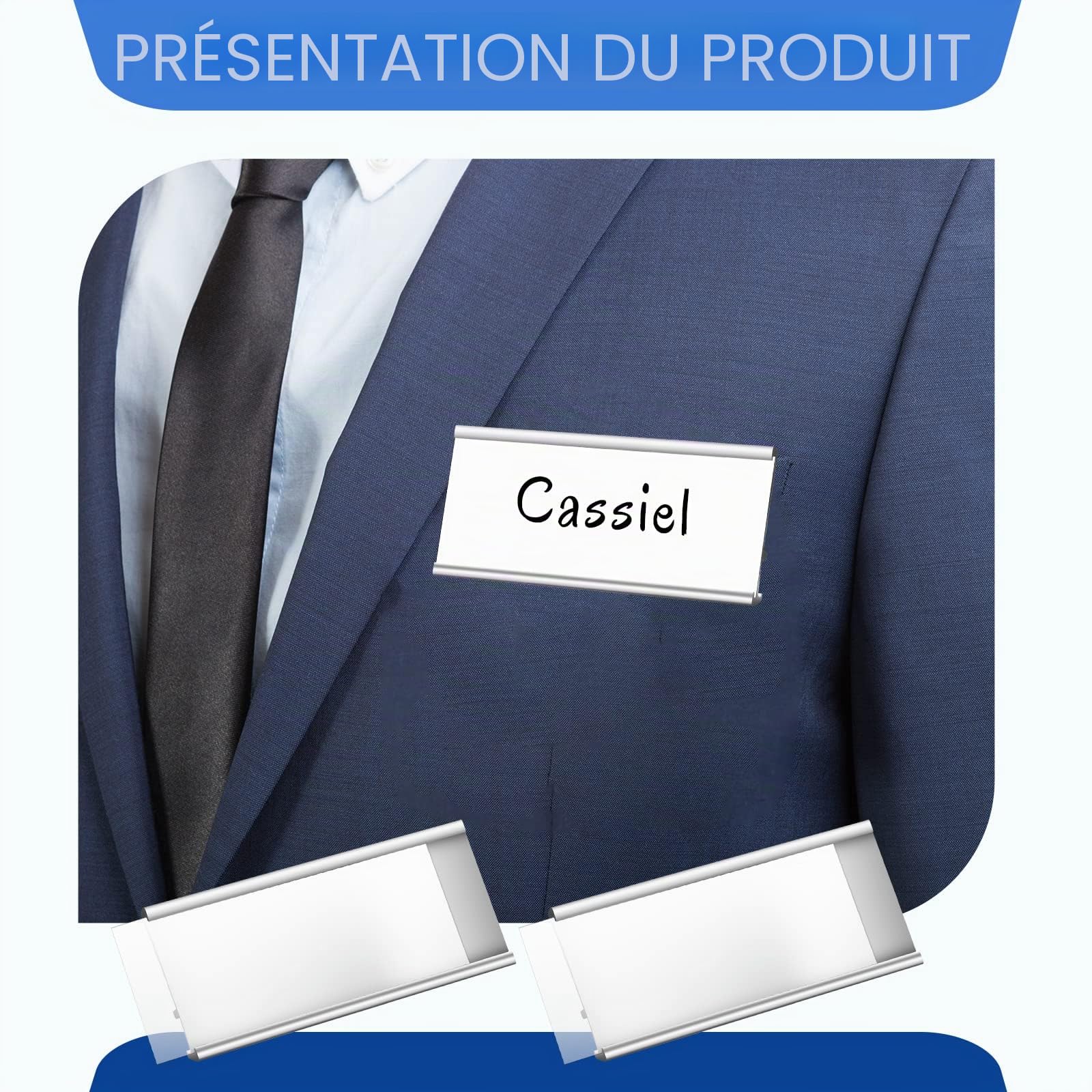Badges Nominatifs en Aluminium avec Aimants Doubles Porte-Noms Magnétiques avec Fente pour Papier Plaques de Nom Aimantées Badges Nominatifs Transparents Anodisés, 72 x 32 mm, Argent (20)