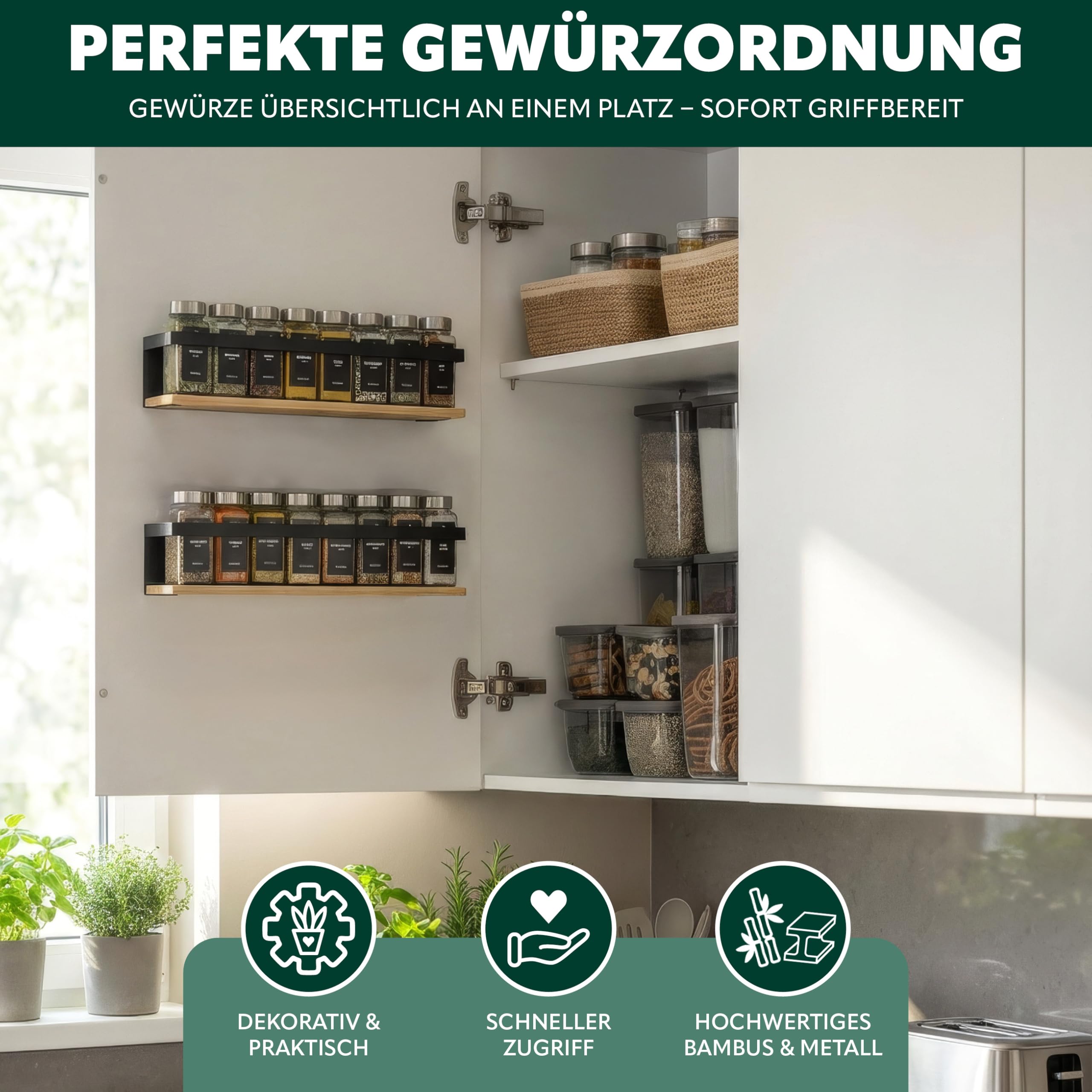 eluno Gewürzregale 2er Set mit Bambusboden, platzsparende Gewürzhalter zur Wandmontage zum Kleben oder zum Bohren - Regale schaffen mehr Ordnung auf der Arbeitsfläche, aus Metall (Schwarz)