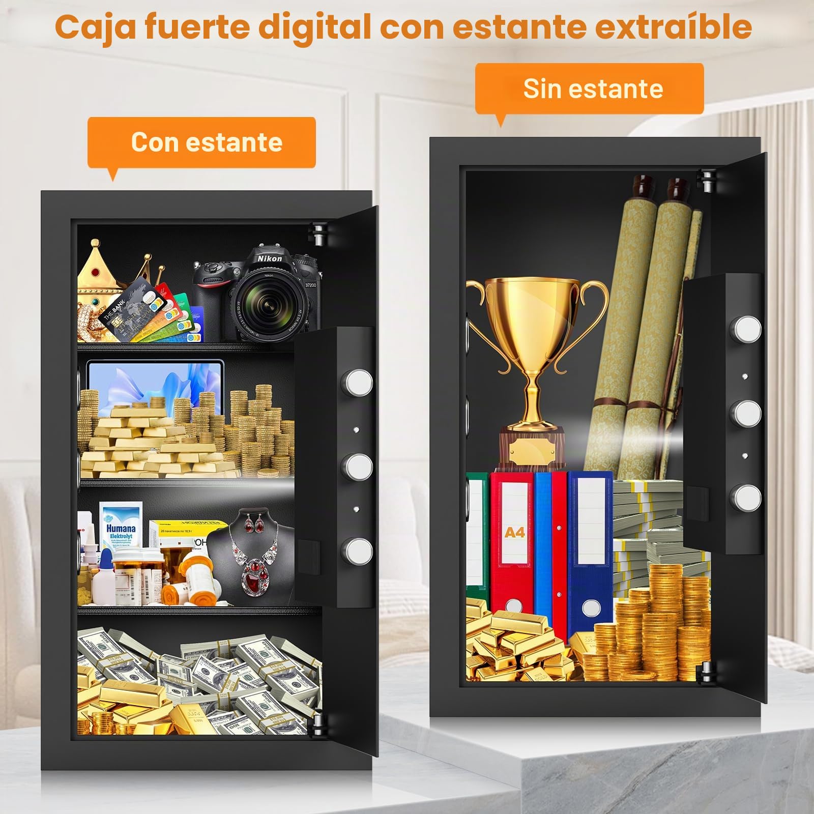 85 l extra grande incombustible caja fuerte para el hogar, caja fuerte ignífuga resistente al agua con llave, luz con sensor y 3 estantes extraíbles, caja fuerte antilibro para dinero, documentos