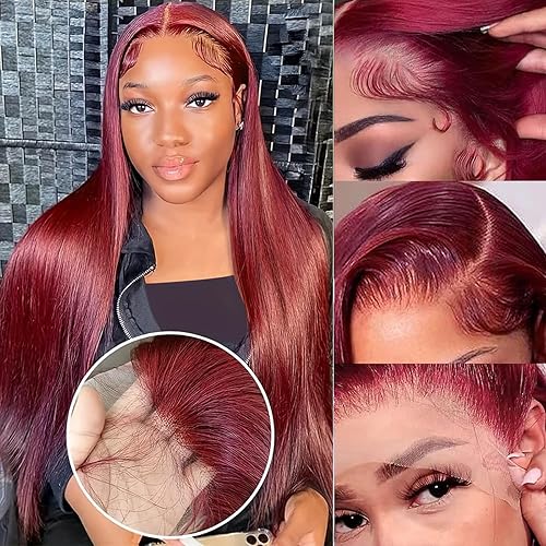 Pelucas de cabello humano de 30 pulgadas con encaje frontal de 13 x 4 pulgadas, color burdeos, pelucas de cabello humano lacio con encaje frontal