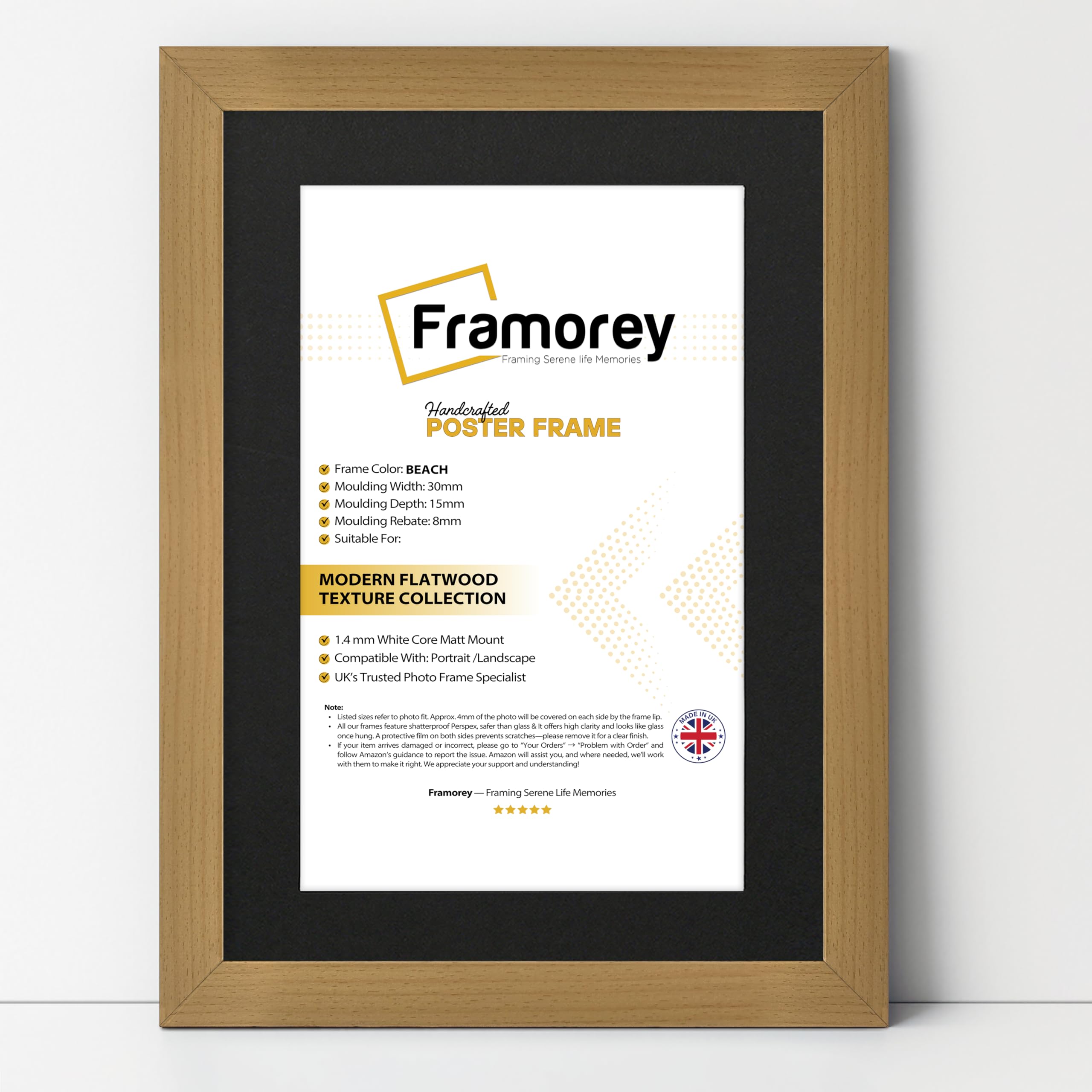 FRAMOREY Oxford Flat Wooden Effect Picture Frame, Beech 60x70CM Size Photo Frame With 50x60CM Black Mount, Handmade Wall Art Poster Frame, Best Living Room Photo Frames