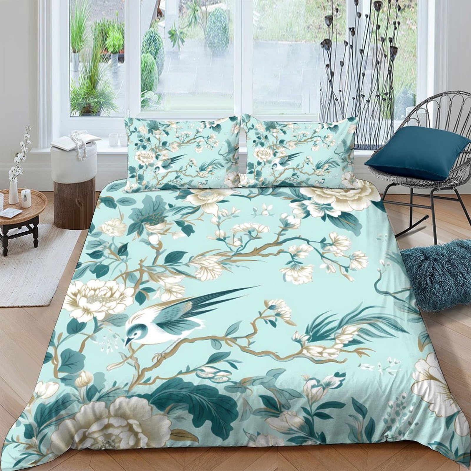 Ctjqhvkz Style-6 3D Printed Blue Bird Floral Fitted Sheet Microfiber Soft Botanical Mattress Cover For Bedroom Guest Room Easy Care Single（135X200cm）