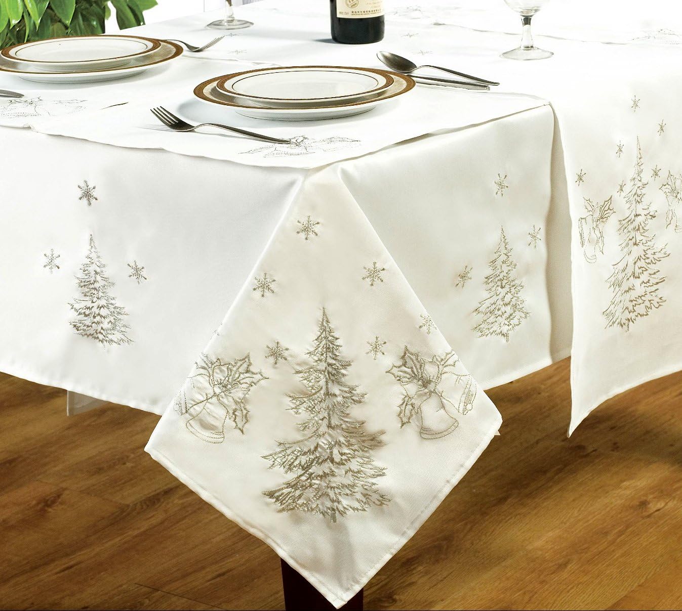 54"x70" Festive White Silver Tablecloth, Ideal For 4-6 Place Settings, Christmas Party Events, Embroidered Fir Tree Bells Holly Leaf Snow Flake Grey