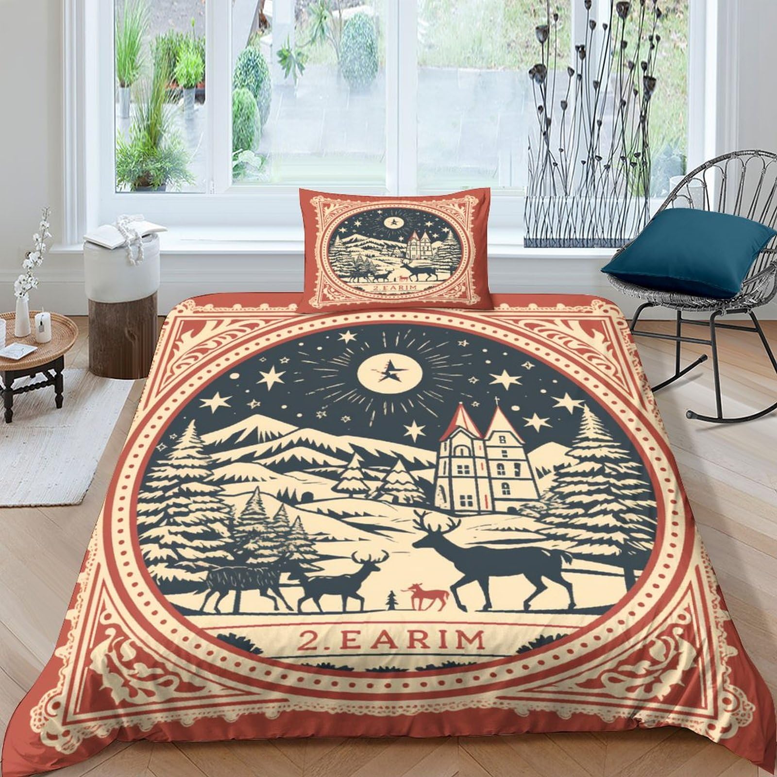 Housse de couette Noël 135x200 cm avec taies d'oreiller en microfibre parure de lit 3D timbre