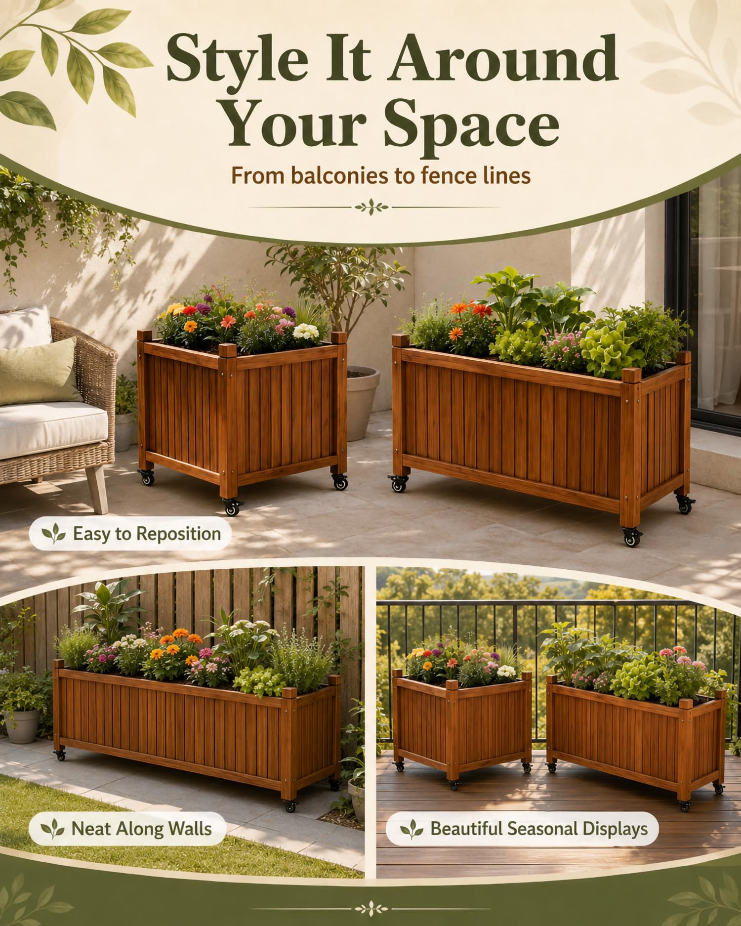Letto da Giardino Rialzato con Ruote E Vasca Lunga Rettangolare, Cassone Orto Lungo Muro, Vaso per Fiori per Erbe, Fiori E Verdure su Patio E Terrazza Esterna,45 * 45 * 65cm/17 * 17 * 25in