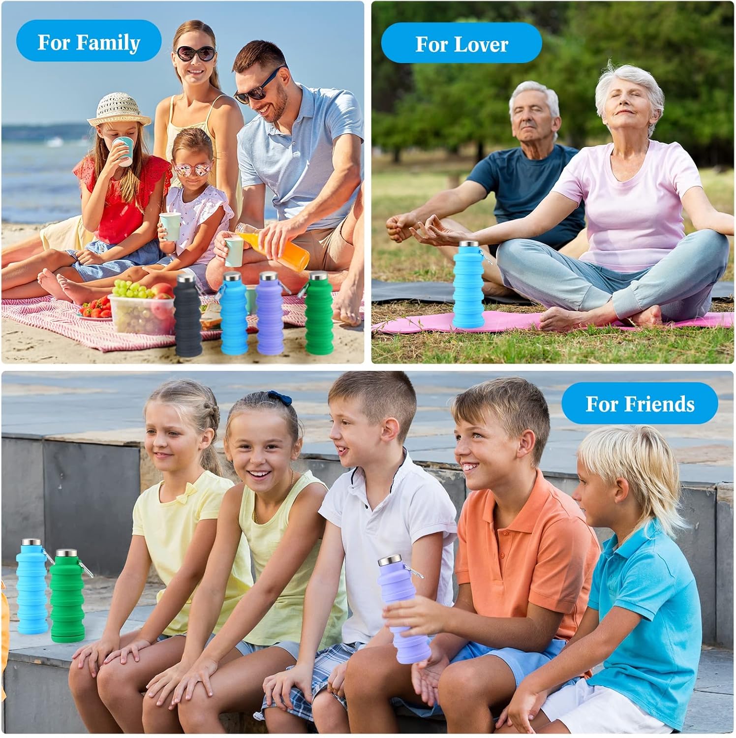 Lallisa 4 Pcs Collapsible Water Bottles 17 oz Reusable Silicone Foldable Travel Water Bottle Portable Leak Proof Sports Water Bottles for Gym Camping Hiking (Blue, Purple, Gray, Green)