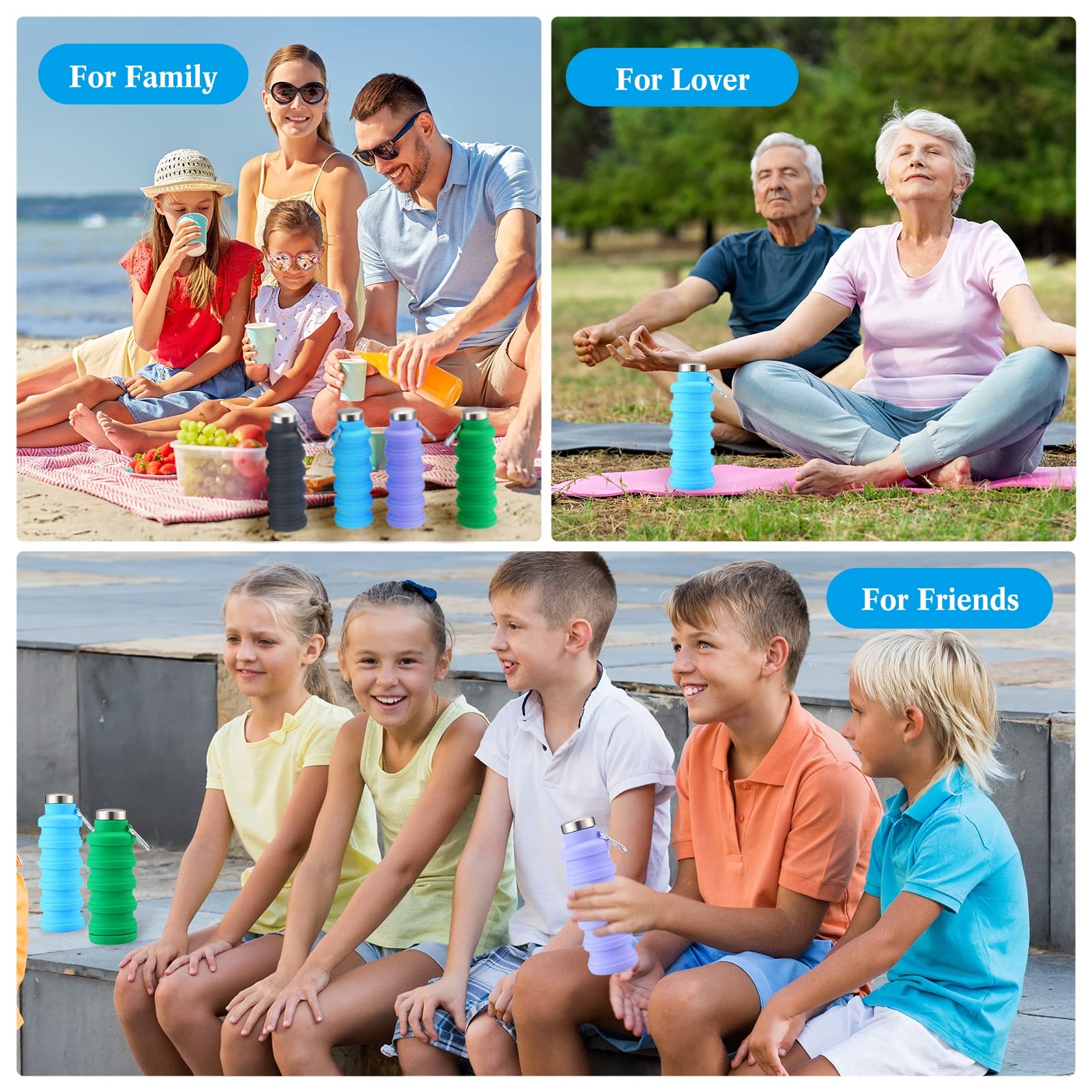 Lallisa Faltbare Wasserflaschen, wiederverwendbar, Silikon, Reise-Wasserflasche, tragbar, auslaufsicher, Sportwasserflaschen für Fitnessstudio, Camping, Wandern, Blau, Lila, Grau, Grün, 4 Stück
