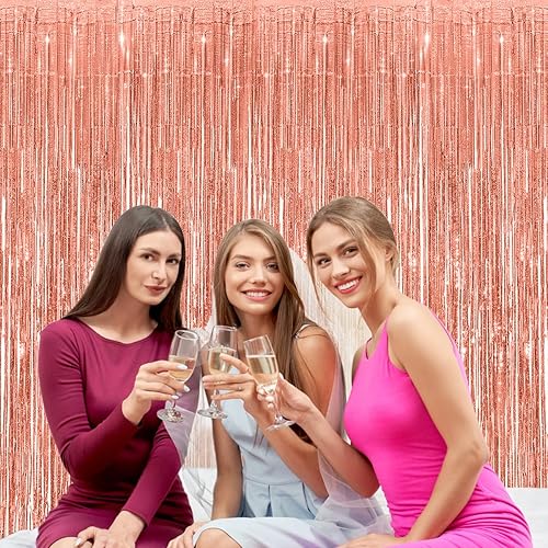 Miniatura 4 de Cortina de flecos de oropel brillante de oro rosa, decoración de fiesta de 3.2 x 8.2 pies, paquete de 2, telón de fondo de fotos para cumpleaños,