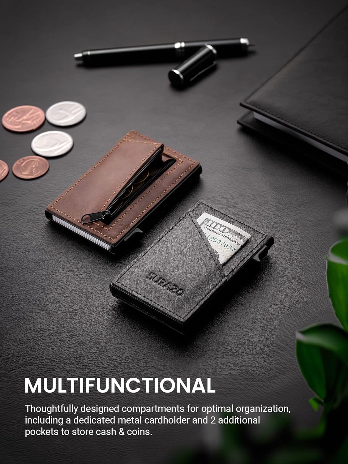 SURAZO® Echt lederen creditcardetui met muntvak, slim portemonnee met kaartvakken, pop-up-kaartenetui RFID NFC-bescherming, mini-leren kaarthoes, portefeuille, kleine kaarthouder voor heren en dames