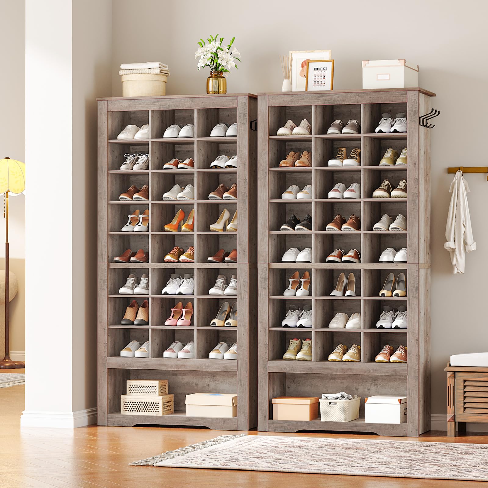 HOOBRO Tall Shoe Cabinet Set of 2, 9 Tier Shoe Storage Cabinet, Freestanding Wooden Shoe Organizer with 24 Cubbies and 3 Hooks, for Entryway, Closet,
