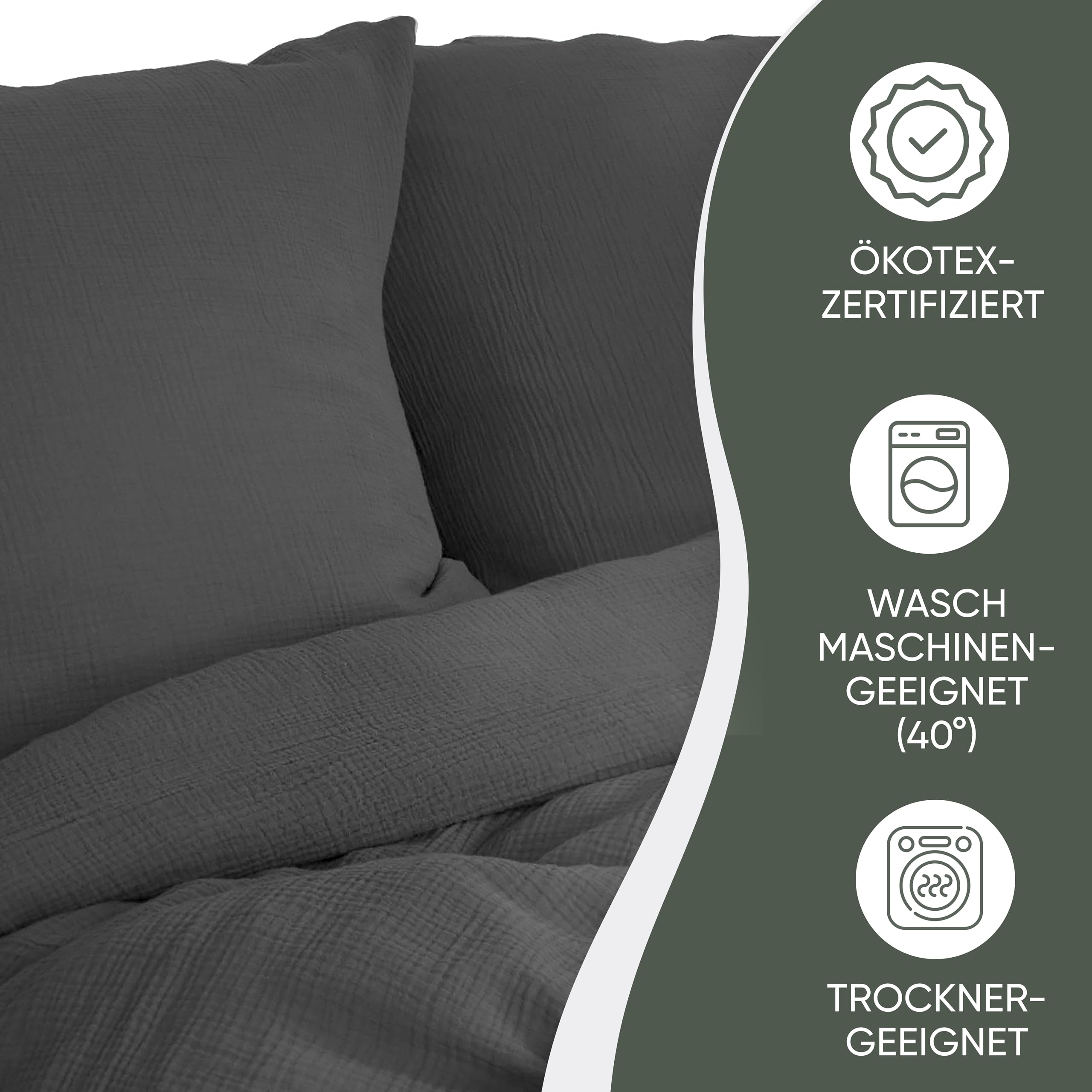 jilda-tex Bio-Bettwäsche Musselin Medina 100% Bio-Baumwolle Knitterlook Bügelfrei Uni Made in Green (Dunkelgrau, 135x200 + 80x80 cm)