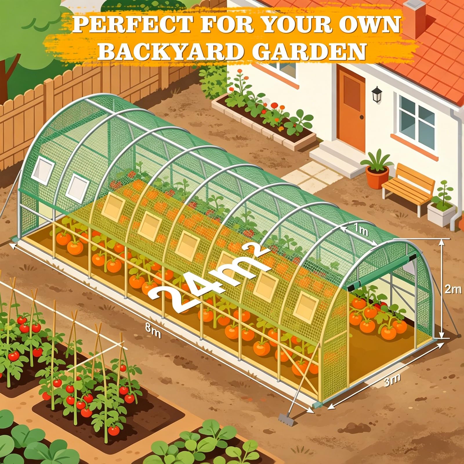 Gewächshaus 3x8x2m(24 m²), Groß Foliengewächshaus mit verzinktem Stahlrahmen, Folientunnel Tomatenhaus Treibhaus mit 16 Fenstern Frostwächter Winterfest Stabil für Garten Balkon, Grün