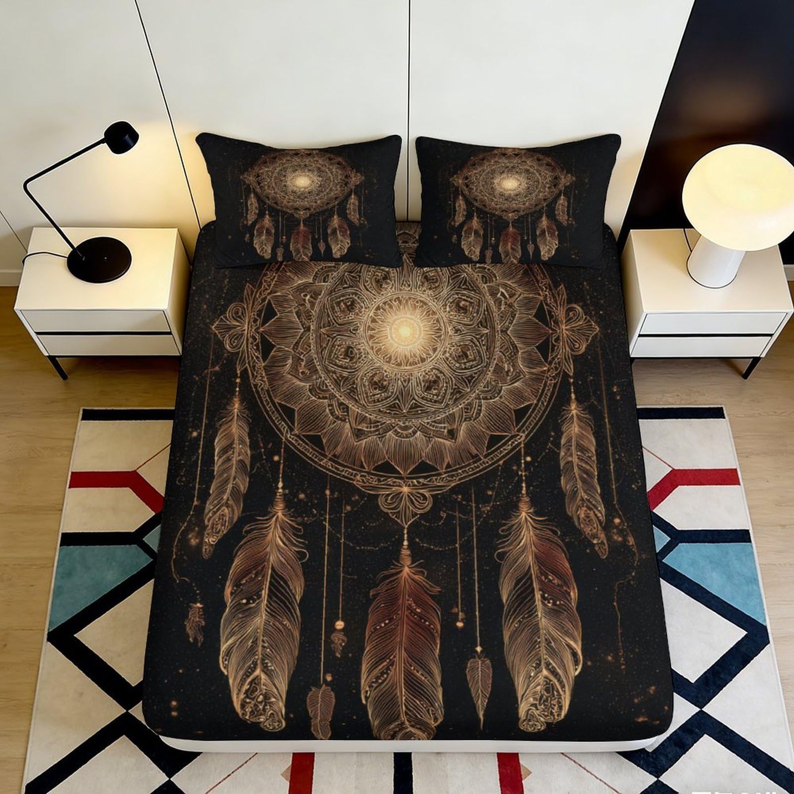 3D Printed Mandala Dreamcatcher Fitted Sheet Microfiber Soft Bed Cover for Bedroom Dorm Room Artistic Decor Protection 90x200x25cm
