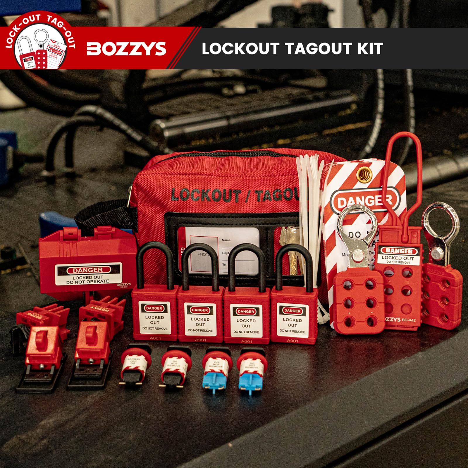 Lockout-Tagout-Set, Loto Schlösser für Unterbrecher, Aussperr-Tagout-Kits, elektrisch, OSHA-konform (BD-ZTI KIT3-27er-Pack)