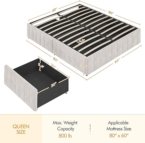 Miniatura 2 de Topeakmart Base de cama tapizada tamaño Queen con 4 cajones, plataforma de almacenamiento con listones de madera, base de colchón, no incluye