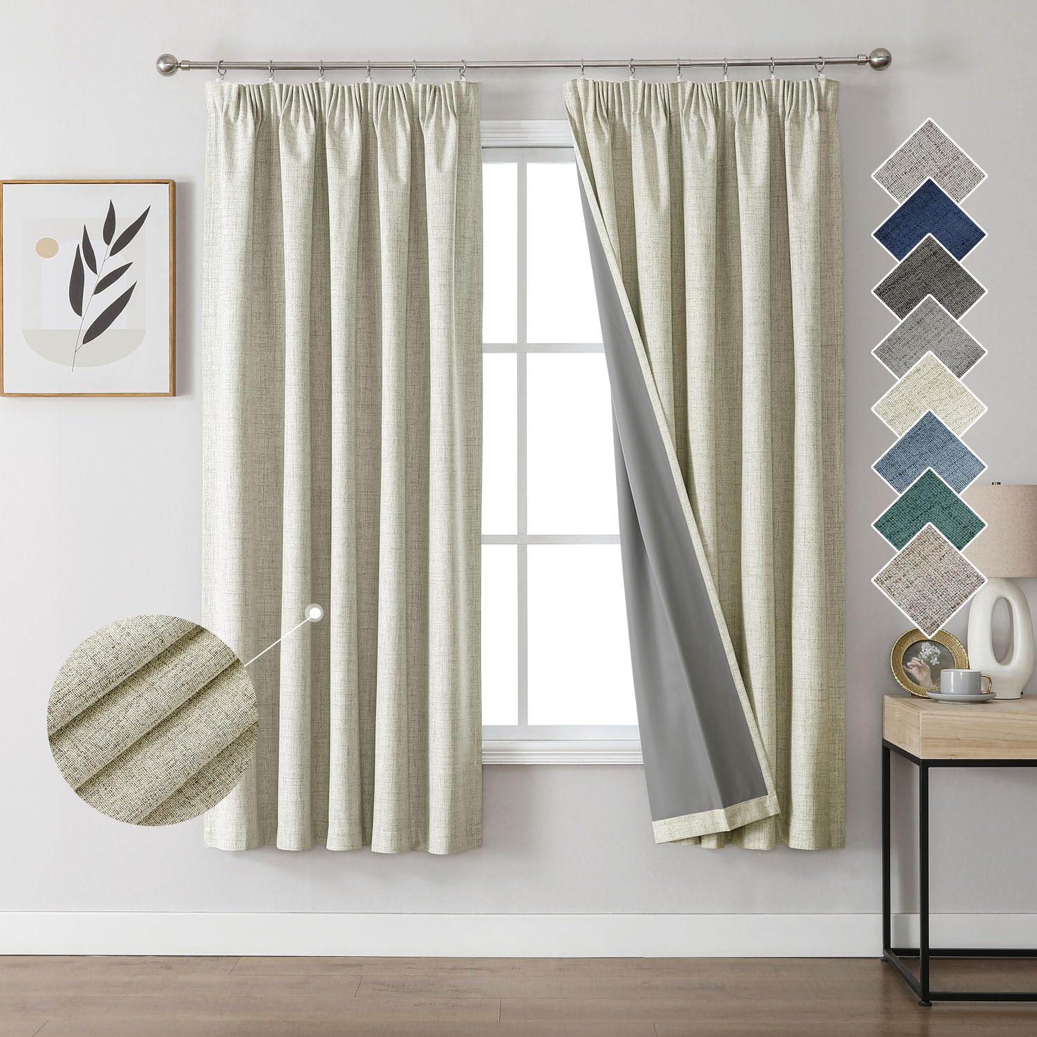 Joydeco 100% Verdunkelungsvorhänge Leinen Gardinen mit Kräuselband 2er Set H137xB117cm Hellbeige, Thermovorhang Kälteschutz Blickdicht Schallschutz Ideal für Wohnzimmer passt zu Schienensystemen