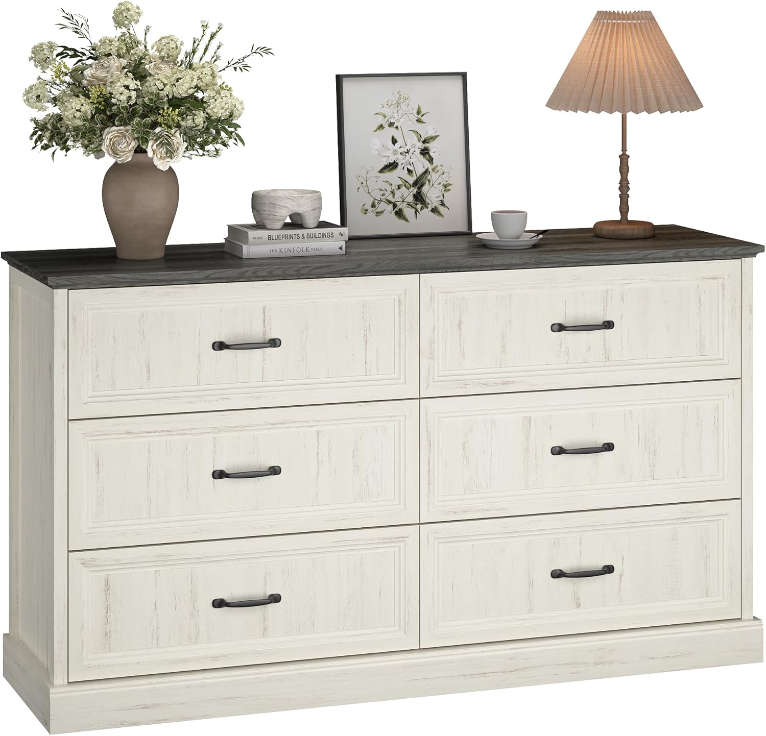 Farmhouse 6 Drawer Dresser for Bedroom, 55'' Wide Double Wood Rustic Chest of Drawers with Bar Handles, Modern Storage Dresser Organizer for Hallway, Living Room, White