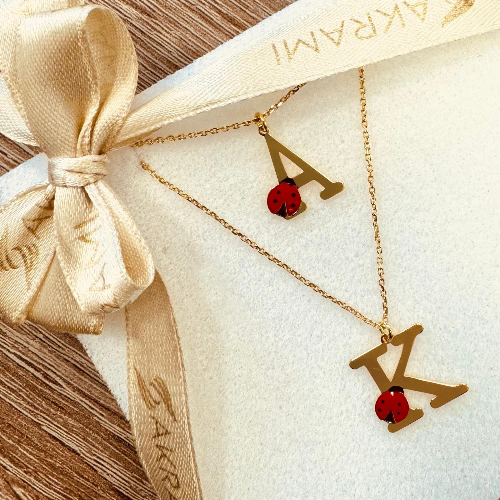 Sakrami Collier Enfant en Argent 925 Doré avec Lettre et Coccinelle Émaillée Rouge – Coffret Personnalisé avec Dédicace Gravée – Bijou Porte-bonheur pour Communion, Anniversaire ou Noël