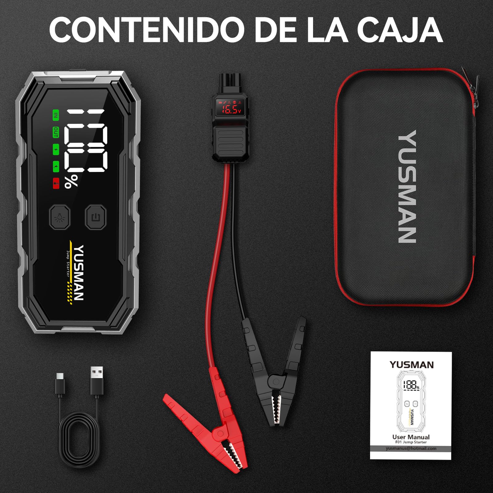 YUSMAN Arrancador de Coches,6000A Arrancador de Baterias de Coche, 12V Arrancador de Coche Portátil con para 8L Gasolina o 6L Diesel, Linterna LED de Emergencia,Carga Rápida,Pantalla LCD Extragrande