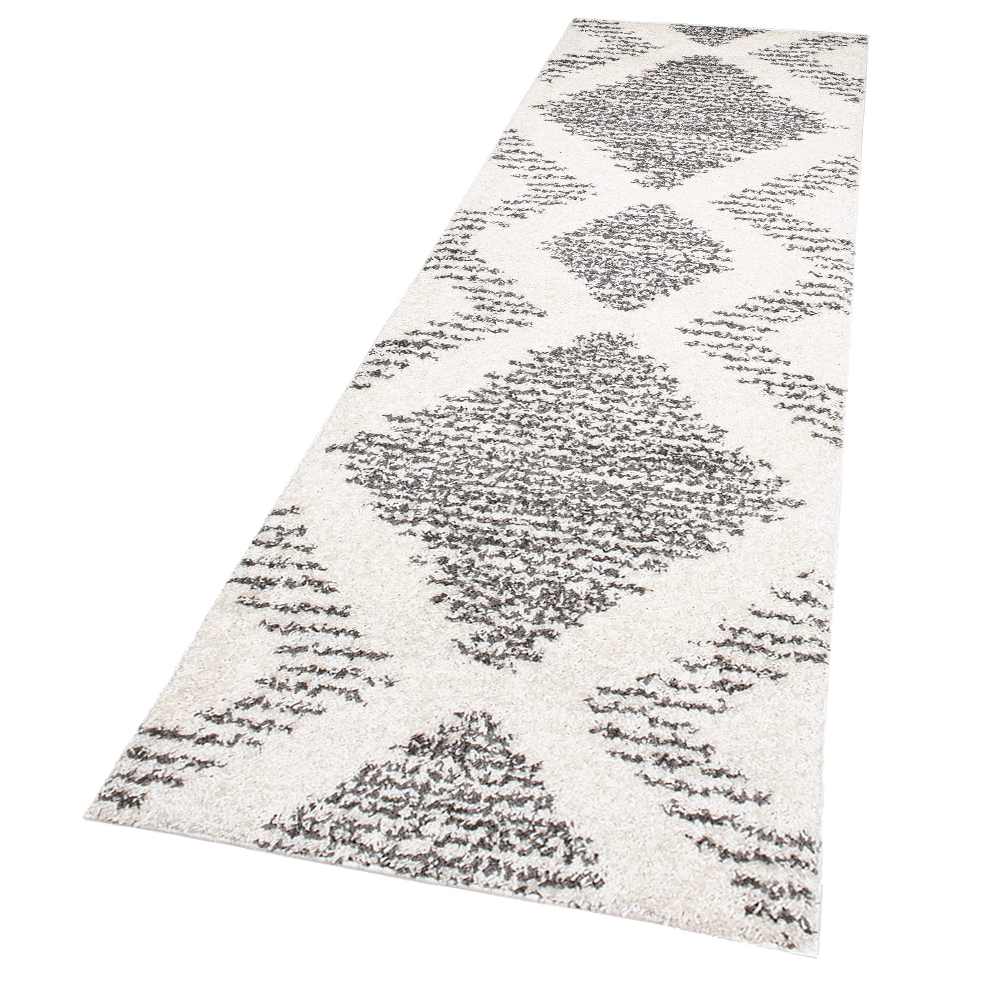 TAPISO Delhi Teppichläufer Hochflor Langflor Shaggy Creme Grau Modern Ethno Design Flauschig Wohnzimmer Schlafzimmer Flur Diele ÖKO-TEX 80 x 200 cm