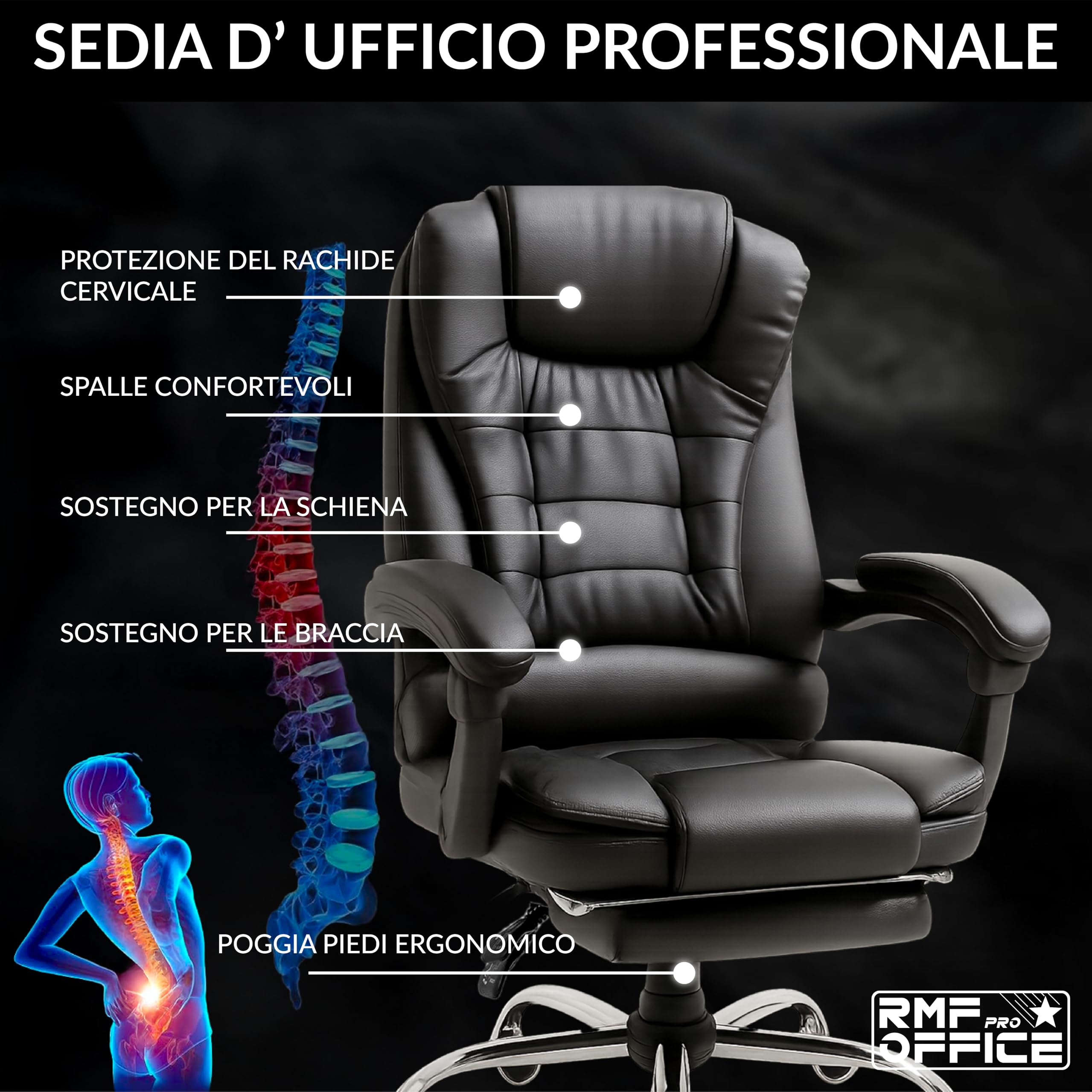 RMF Sedia Ufficio Ergonomica Professionale Reclinabile, Sedia Scrivania Seduta Comoda e Rilassante con Poggiapiedi - Poltrona Relax con Ruote Girevoli Altezza Regolabile Nero