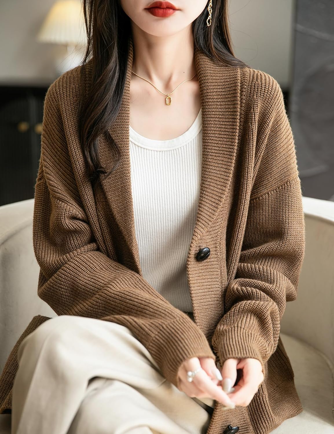 Women's Merino Wool Sweater V-Neck Ribbed 2025 Fall Winter Lapel Button Down Long Sleeve Knit Cardigan with Pocket - Image 3